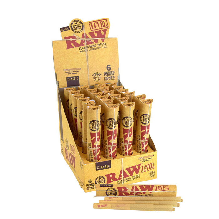 RAW | Classic Natural Pre-Rolled Level Cones 84mm w/26mm Spiral Tip [Pack of 6 | Display of 24] King Size ONE