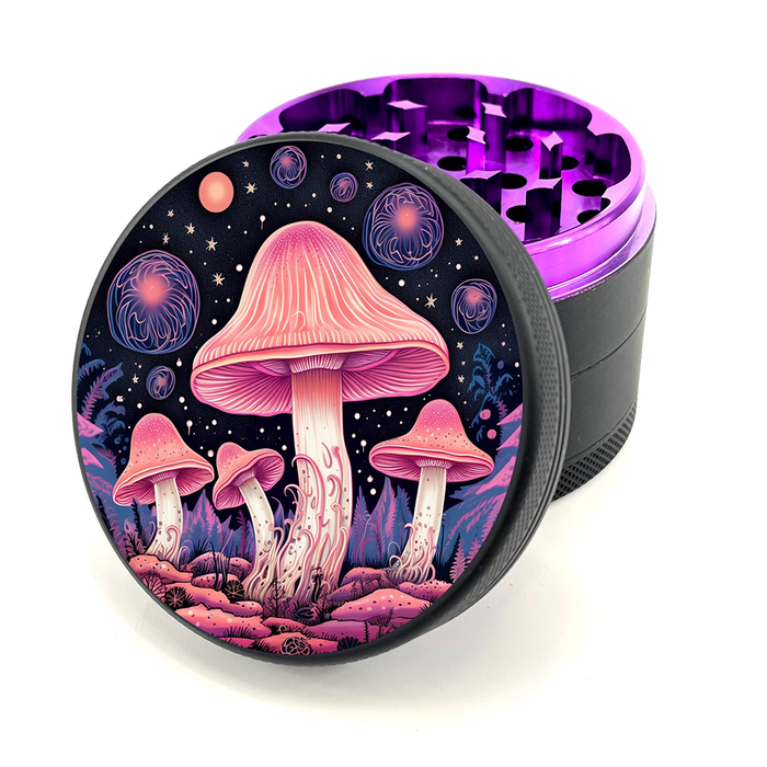 Green Star | 2.5" (63mm) Herb Grinder - Psychedelic Mushrooms Design Regular Grinder Green Star Herb Grinders Black Outside Purple Inside