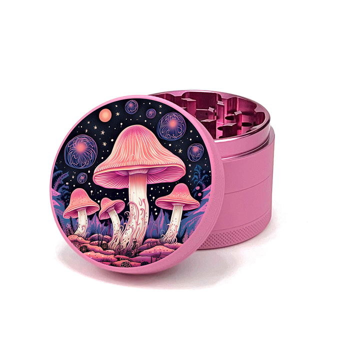 Green Star | 2.5" (63mm) Herb Grinder - Psychedelic Mushrooms Design Regular Grinder Green Star Herb Grinders Pink Outside Pink Inside