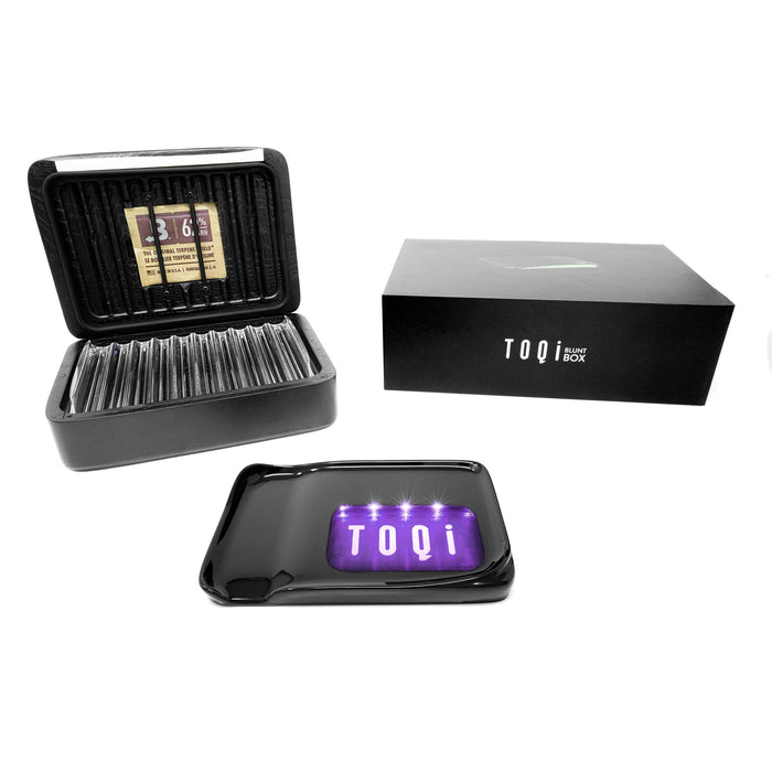 TOQi Premium Ash Wood Blunt Box with Digital Humidity Indicator & LED Rolling Tray - Portable Cannabis Humidor for Joints, Blunts & Pre-Rolls, Includes BOVEDA Humidity Pack