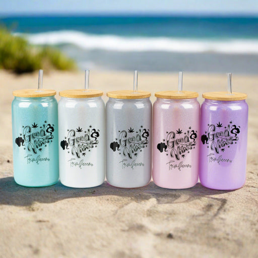 TRIM QUEEN | GOOD VIBES GLASS TUMBLER WITH LID AND STRAW Balloon · Party · Game Trim Queen