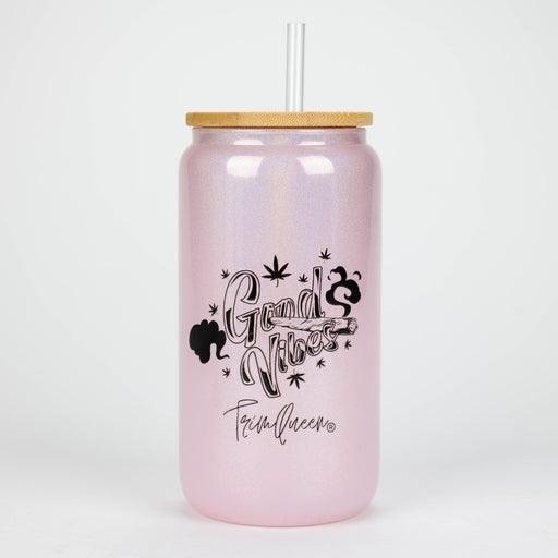 TRIM QUEEN | GOOD VIBES GLASS TUMBLER WITH LID AND STRAW Balloon · Party · Game Trim Queen BLACK LABEL/PINK