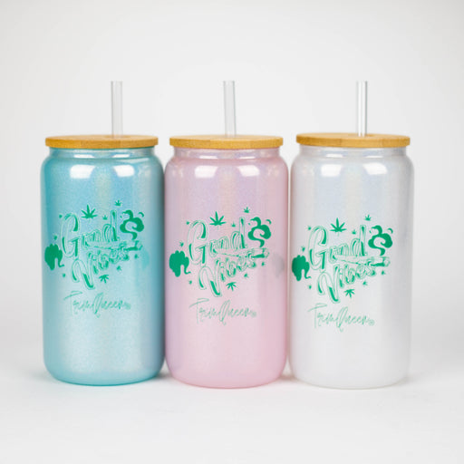 TRIM QUEEN | GOOD VIBES GLASS TUMBLER WITH LID AND STRAW Balloon · Party · Game Trim Queen