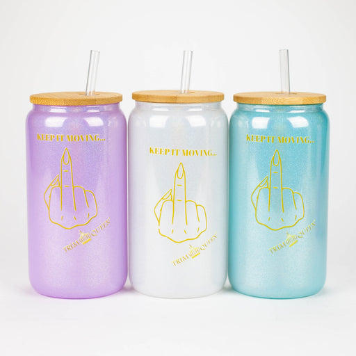 TRIM QUEEN | MIDDLE FINGER GLASS TUMBLER WITH LID AND STRAW Balloon · Party · Game Trim Queen