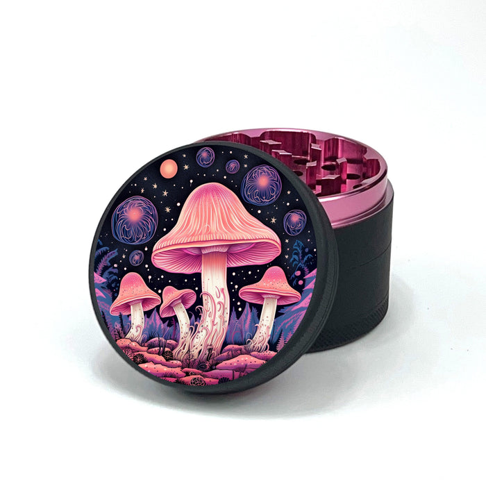 Green Star | 2.5" (63mm) Herb Grinder - Psychedelic Mushrooms Design Regular Grinder Green Star Herb Grinders Black Outside Pink Inside