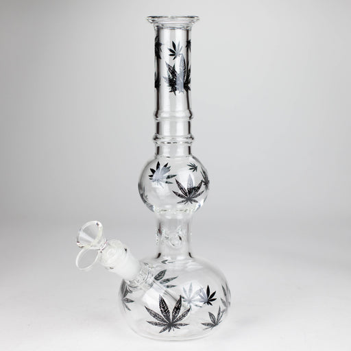 11" Round Shape Glass Bong With Leaf Design Glass Bong 777 Smoke Black