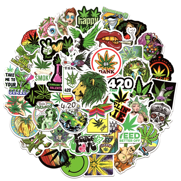 50pcs Assorted Cannabis Design Stickers Gadget Every Weekend Option L