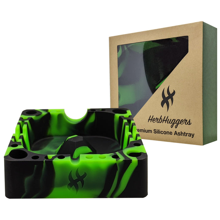 Herbhuggers | Premium Silicone Ashtray Featuring Center Tap Ash and Glassware Clearer with Accessory Organizing Slot Holders Silicone Ashtray Herbhuggers Radioactive (Black