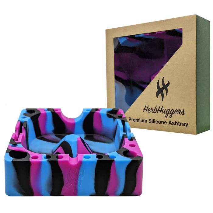 [2 Pack Bundle] Herbhuggers | Premium Silicone Ashtray Featuring Center Tap Ash and Glassware Clearer with Accessory Organizing Slot Holders