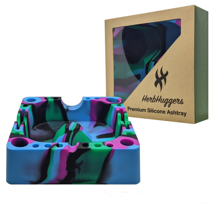 Herbhuggers | Premium Silicone Ashtray Featuring Center Tap Ash and Glassware Clearer with Accessory Organizing Slot Holders Silicone Ashtray Herbhuggers Abyss (Blue