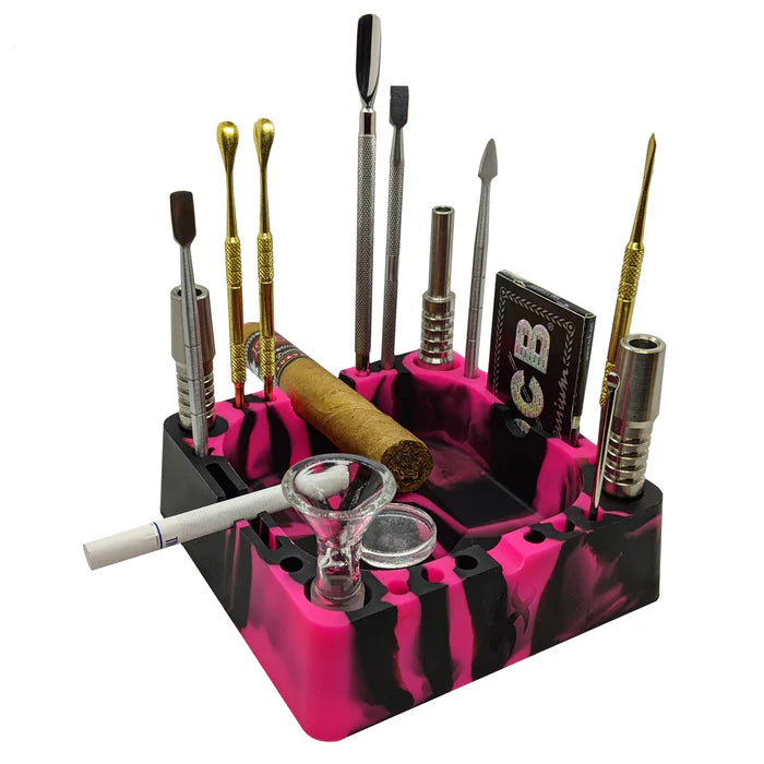 [2 Pack Bundle] Herbhuggers | Premium Silicone Ashtray Featuring Center Tap Ash and Glassware Clearer with Accessory Organizing Slot Holders