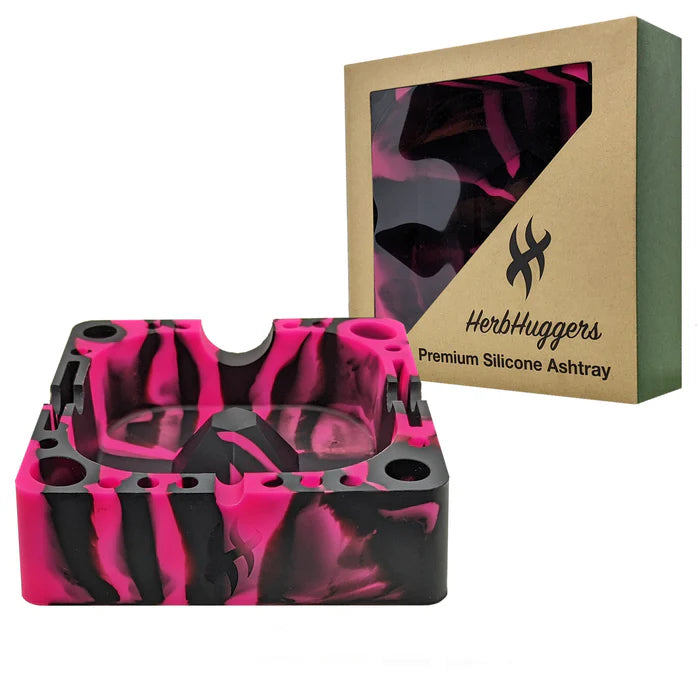 [2 Pack Bundle] Herbhuggers | Premium Silicone Ashtray Featuring Center Tap Ash and Glassware Clearer with Accessory Organizing Slot Holders