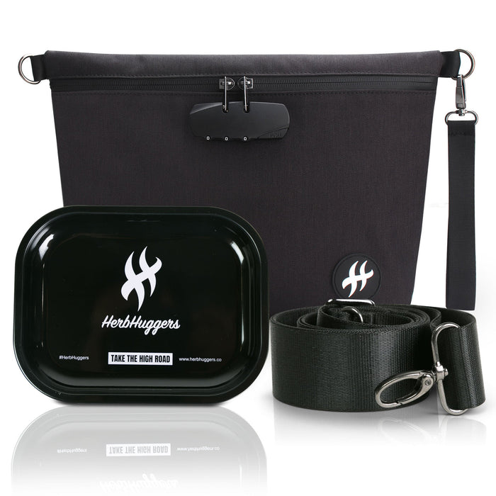 Herbhuggers | Smell Proof Bag with Combination Lock + Metal Rolling Tray Pouch Herbhuggers Incognito (Solid Black)