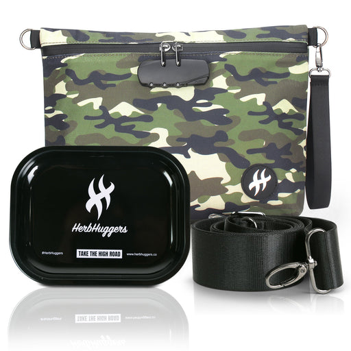 Herbhuggers | Smell Proof Bag with Combination Lock + Metal Rolling Tray Pouch Herbhuggers Woodlands Camouflage (Green/Black/Brown/Beige)