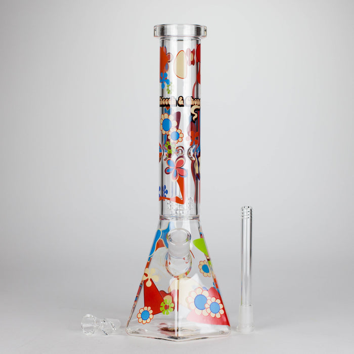 Cheech & Chong® Glass | 15" Tall Clear Power To The Flower Dual Chamber Hex Beaker Base Water Pipe Glass Bong West Coast Gifts
