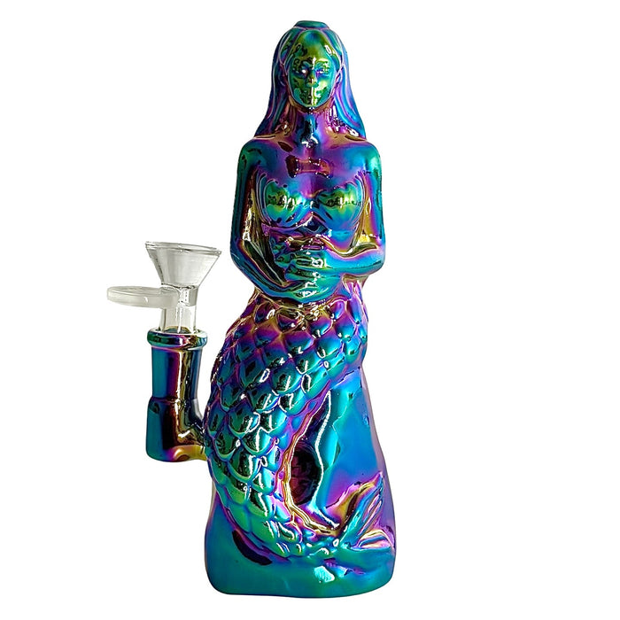 7" Mermaid Design Electroplate Glass Bong – Compact & Stemless Glass Bong Fortune Rainbow