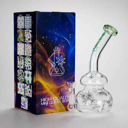 Haze | 9″ Bubble Base Glass Bong – Green Weed Leaf Design (Mini-A) Glass Bong Canadian Distributor