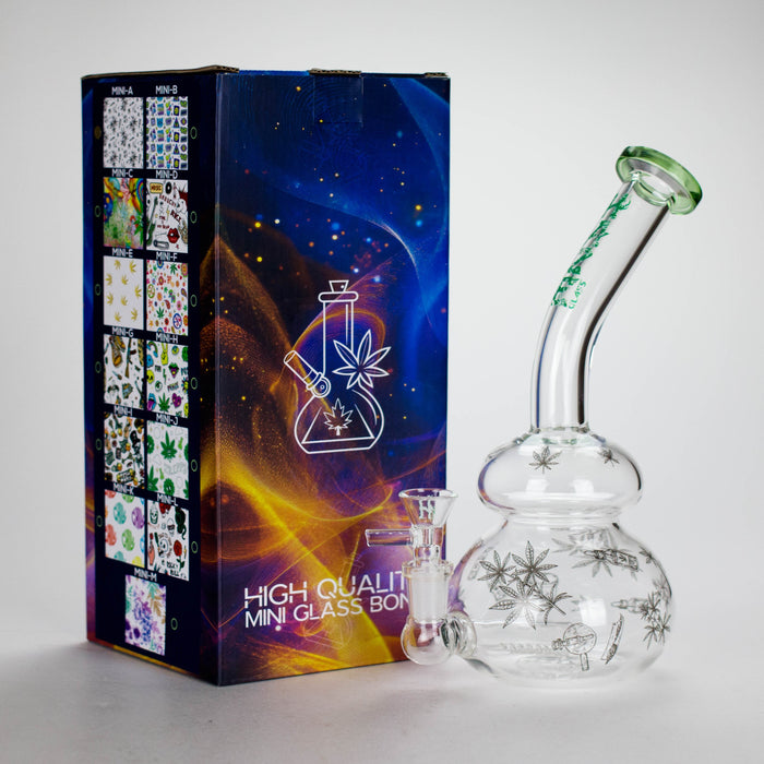 Haze | 9″ Bubble Base Glass Bong – Green Weed Leaf Design (Mini-A) Glass Bong Canadian Distributor