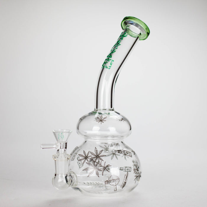 Haze | 9″ Bubble Base Glass Bong – Green Weed Leaf Design (Mini-A) Glass Bong Canadian Distributor
