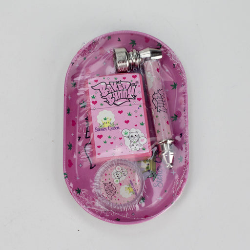 Metal Pipe & Lighter Gift Set Includes Zippo-Style Lighter, Grinder & Tray Bundle 777 Smoke Baked Bunny