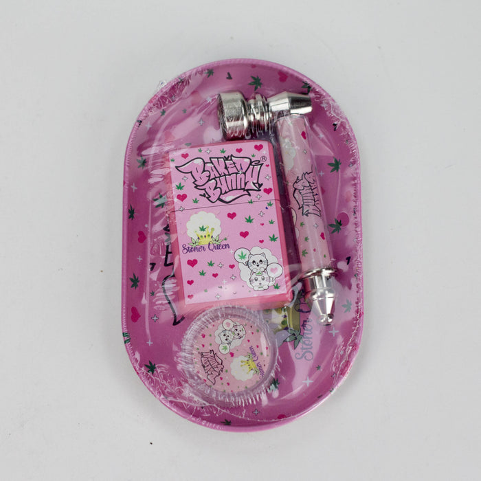 Metal Pipe & Lighter Gift Set Includes Zippo-Style Lighter, Grinder & Tray Bundle 777 Smoke Baked Bunny