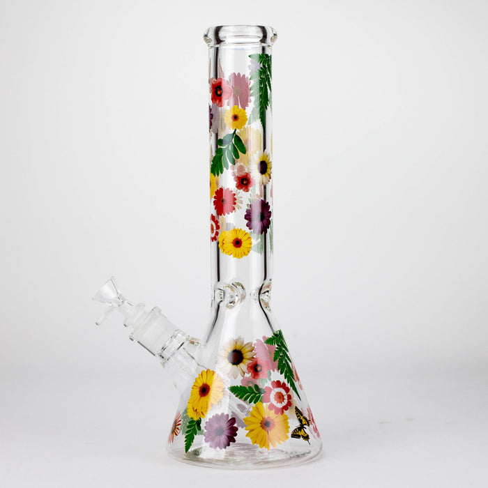 14" Flower and Butterfly Design 7mm Thick Heavy Duty Glass Beaker Bong Glass Bong 777 Smoke