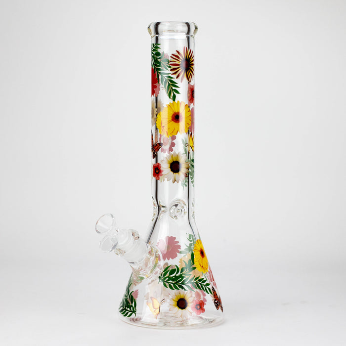 14" Flower and Butterfly Design 7mm Thick Heavy Duty Glass Beaker Bong Glass Bong 777 Smoke Design2