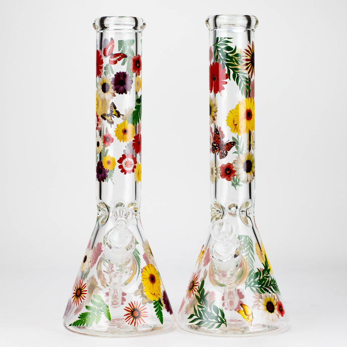 14" Flower and Butterfly Design 7mm Thick Heavy Duty Glass Beaker Bong Glass Bong 777 Smoke