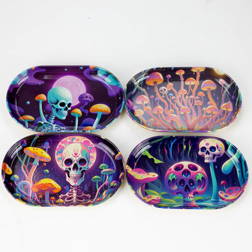 Premium Pocket Oval Metal Tray Bag of 12 - 4 Mushroom Designs Mix Tray 777 Smoke
