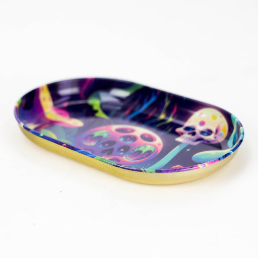 Premium Pocket Oval Metal Tray Bag of 12 - 4 Mushroom Designs Mix Tray 777 Smoke