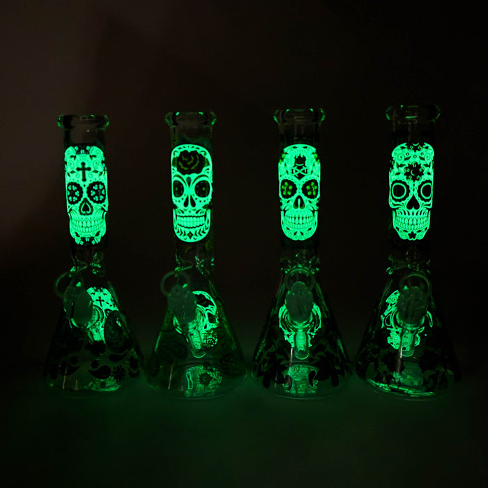 10" Sugar Skull New Design Glass Beaker Bong – Glow in the Dark Glass Bong 777 Smoke