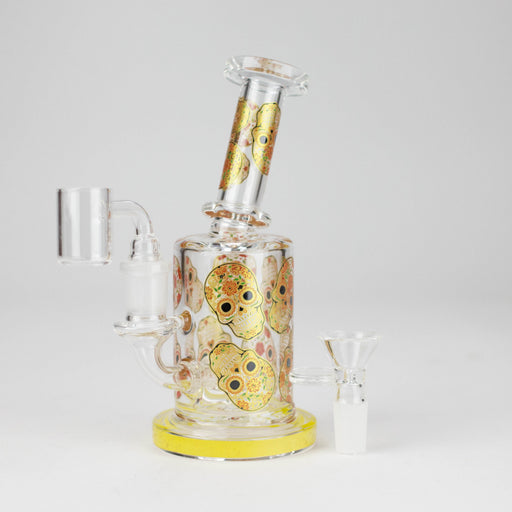 7" 2-in-1 Sugar Skull Design Rig with Perc, Banger & Bowl Included Glass Rig 777 Smoke Yellow