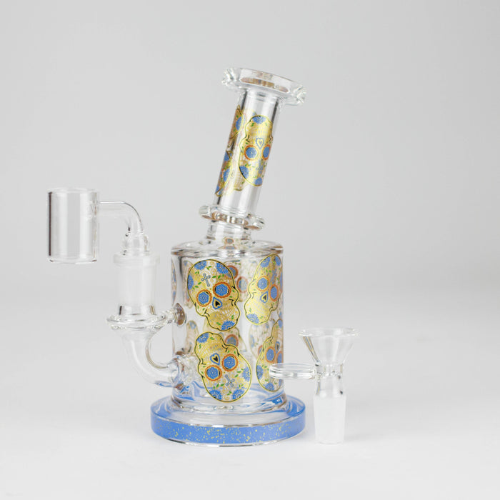 7" 2-in-1 Sugar Skull Design Rig with Perc, Banger & Bowl Included Glass Rig 777 Smoke Blue