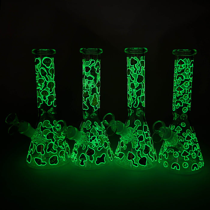 10" Cartoon Mushroom Design Glass Beaker Bong – Glow in the Dark