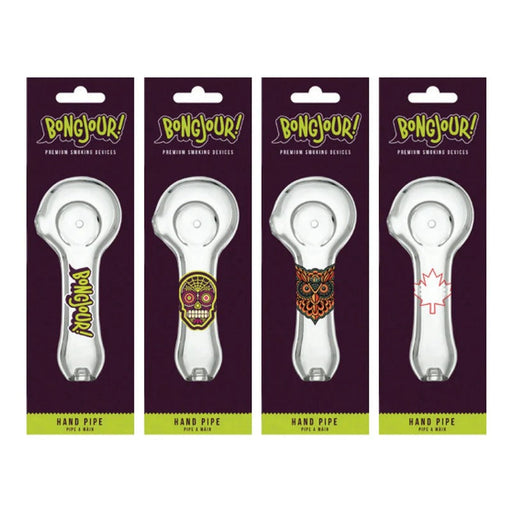 Bongjour!™ | 3.75" Clear Hand Pipe w/Decal (Assorted Decal 8 Pack) Glass Pipe West Coast Gifts
