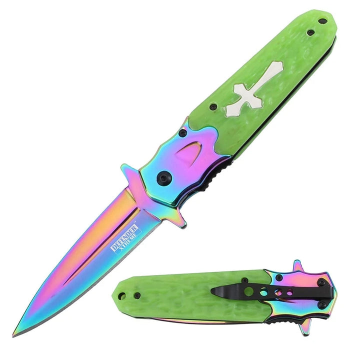Defender-Xtreme 8.5" Green Luminous Handle Rainbow Bolster & Blade Folding Knife (14208) Folding Knife The MST Default Title