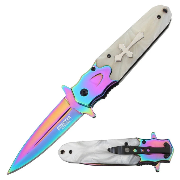 Defender-Xtreme 8.5" White Acrylic Handle Rainbow Bolster & Blade Folding Knife (14207) Folding Knife The MST