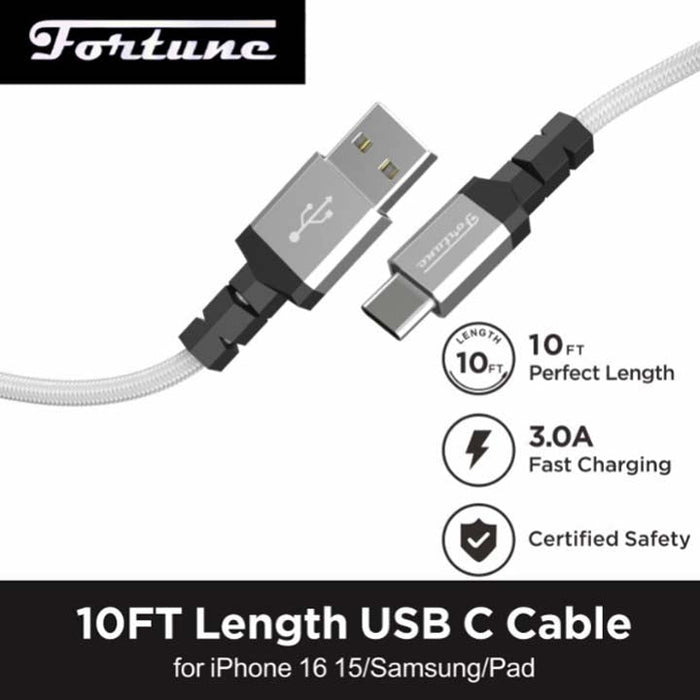 Fortune | 10ft USB-A to USB-C Braided Fast Charging Cable – 3A Charging Cable · Accessory Fortune