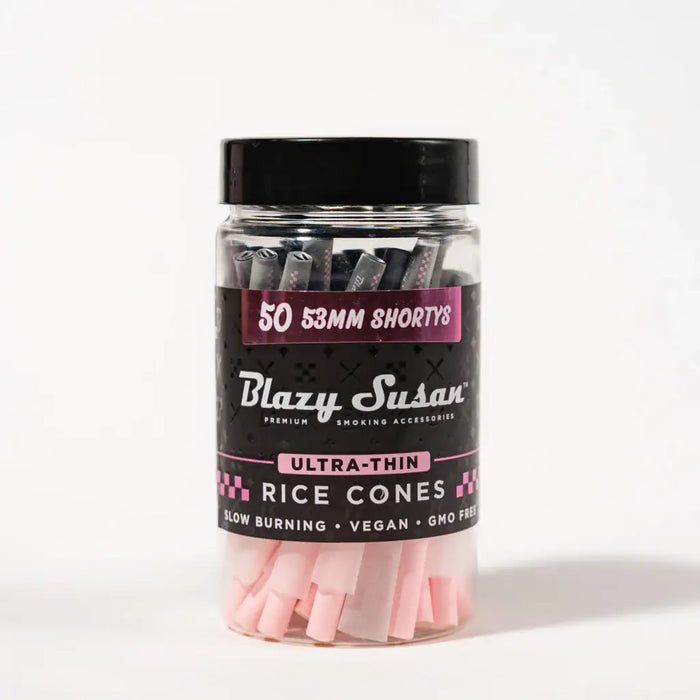 Blazy Susan | Ultra Thin Rice Cones Jar – 50 Count Pre-rolled Cone (Bulk / Tower) Smoking Cat Distribution Shorty (53mm)