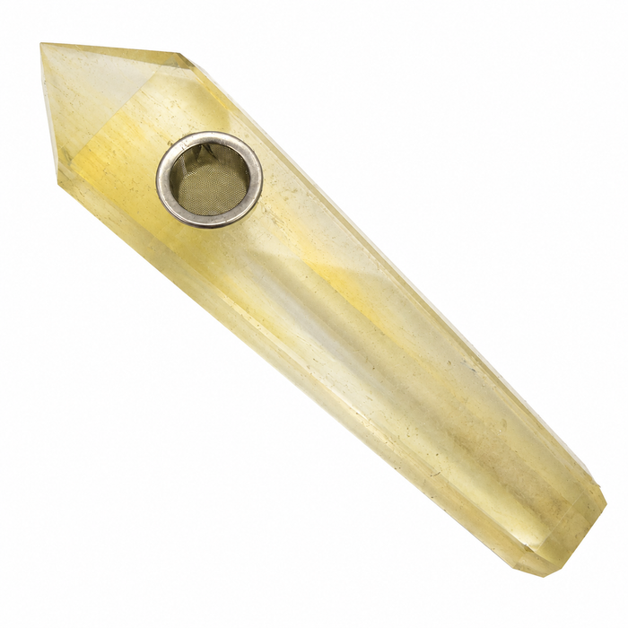 Acid Secs | Clear with Blue and Yellow Inclusions Quartz Crystal Pipe with Choke Quartz · Stone Pipe Acid Secs Productions Inc.