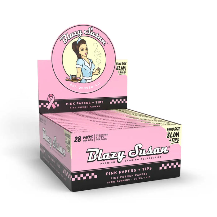 Blazy Susan | Pink Papers + Tips Booklet | Full Box box of 28 King Size Smoking Cat Distribution King Size Slim