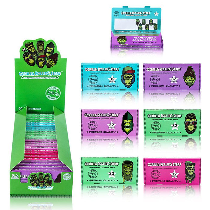 GORILLA ROLLING STARS 1 1/4 Size Transparent Cellulose Rolling Papers with Rolling Tips [GRS-009] - 24 packs 1 - 1/4" Size Canadian Distributor