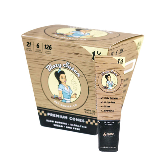 Blazy Susan | Unbleached 1 1/4 Pre Rolled Cones Box of 21 Pre-rolled Cone (Display Pack) Smoking Cat Distribution
