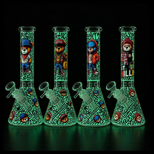 10" Graffiti Bear Glass Beaker - Glow in the Dark Glass Bong Super Supplys Inc