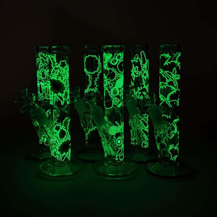 10" Glow in the dark Staight Tube Glass Bong With Flower Design Glass Bong 777 Smoke