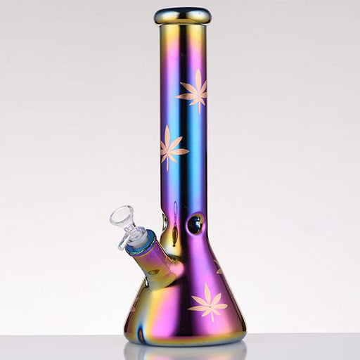 14" Leaf 7mm Glass Bong – Rainbow Oil Slick [AK080] Glass Bong Canadian Distributor