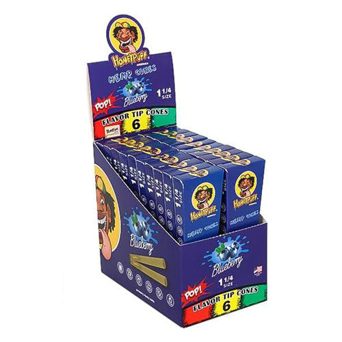 Honeypuff | 1 1/4 Size Fruit flavor tip 6pk Hemp cones Box of 20 Pre-rolled Cone (Display Pack) 777 Smoke Blueberry