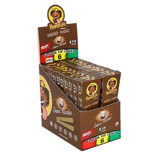 Honeypuff | 1 1/4 Size Fruit flavor tip 6pk Hemp cones Box of 20 Pre-rolled Cone (Display Pack) 777 Smoke Russian Cream