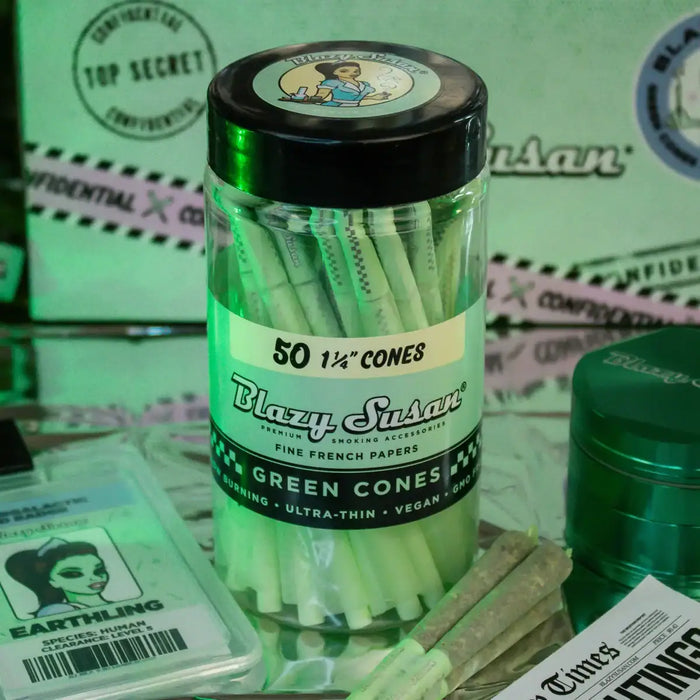 Blazy Susan | Green Cones Jar – (50 Count) Pre-rolled Cone (Bulk / Tower) Smoking Cat Distribution