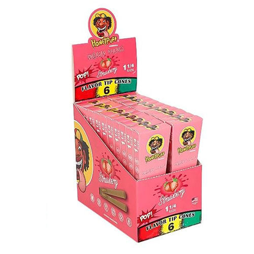 Honeypuff | 1 1/4 Size Fruit flavor tip 6pk Hemp cones Box of 20 Pre-rolled Cone (Display Pack) 777 Smoke Strawberry